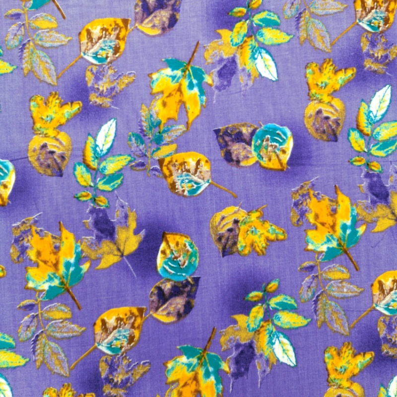 Printed Egyptian Cotton - Mustard and Teal Autumn Leaves on Lilac